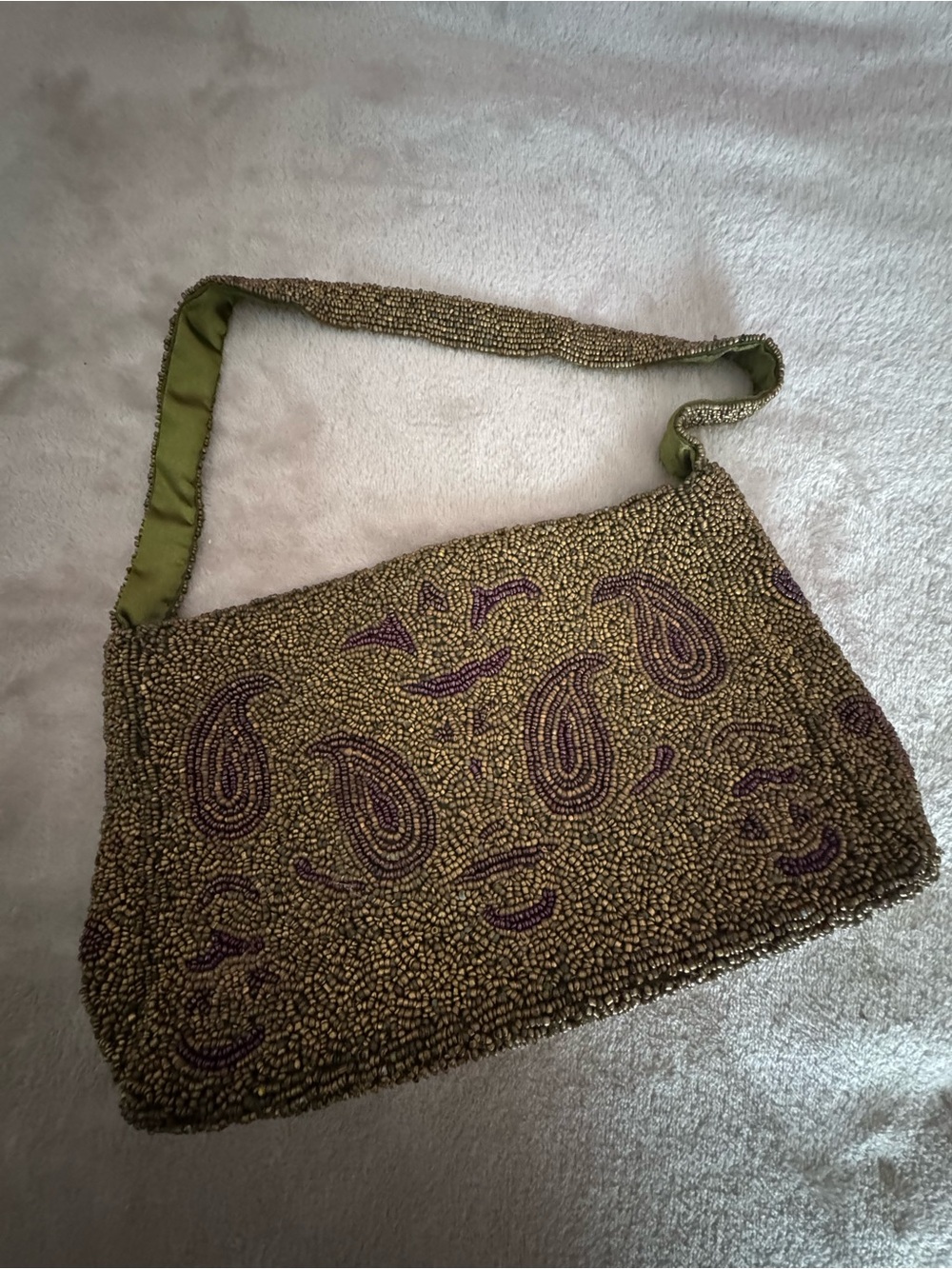 Made in India Beaded Olive Green Shoulder Bag with Purple Paisley Accent